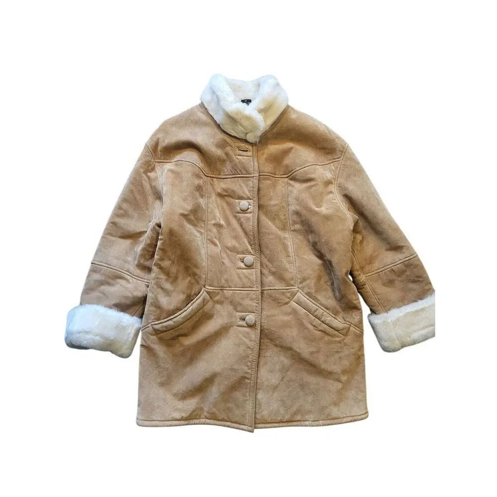 Vintage Y2K Coat Women's Medium Tan Suede Leather Faux Fur Lined Warm Winter